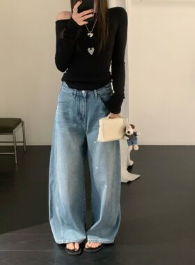 韩国AP浅蓝色闪闪烫钻阔腿牛仔裤春季高腰宽松显瘦休闲弯刀拖地裤