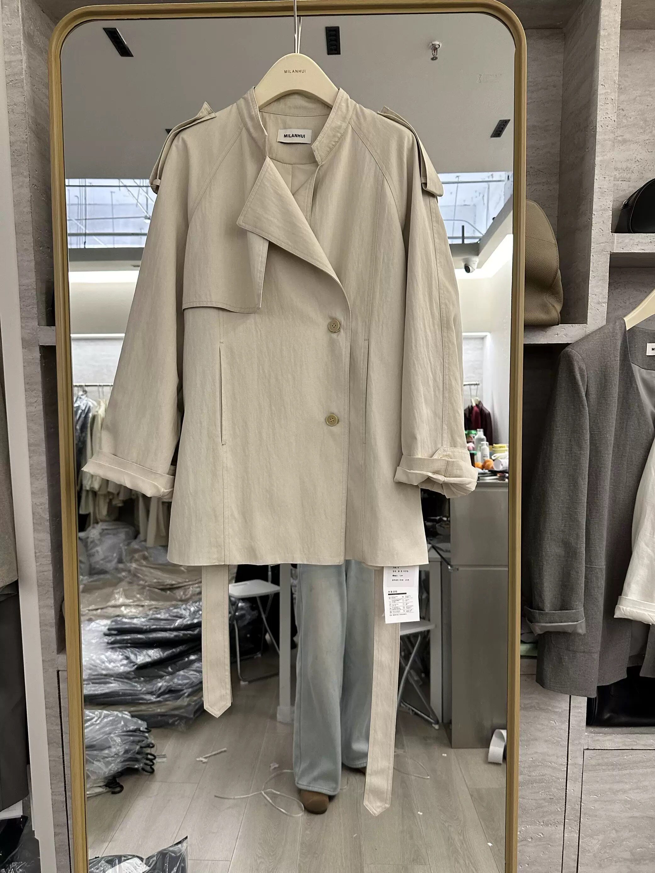 米蓝汇7188韩国时尚高级感中长款宽松显瘦收腰系带翻领风衣外套女