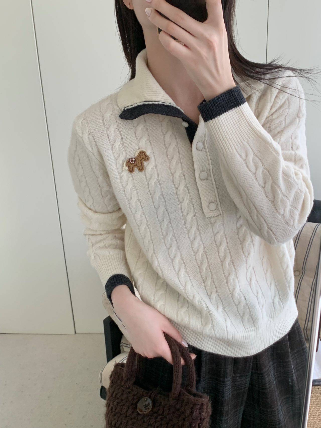 polo翻领软糯麻花羊毛针织开衫女