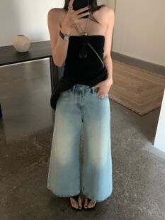 韩国AP时尚高级感复古高腰显瘦八分牛仔裤垂感设计感直筒阔腿裤女