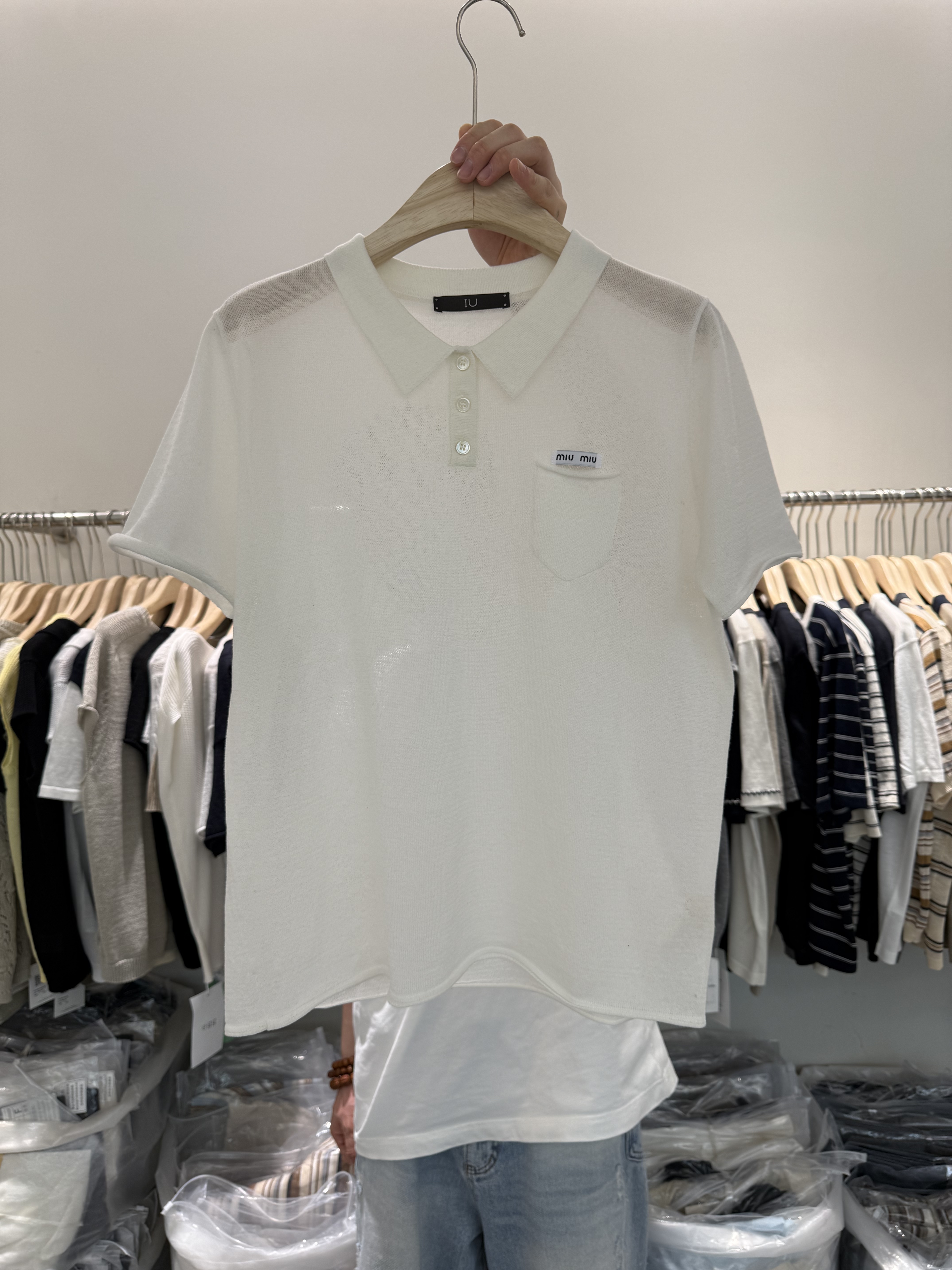 夏季新款学院风polo领翻领亚麻透气短袖针织衫女刺绣口袋百搭上衣