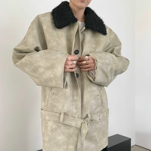 moment冬季 chic设计感高级感防羊羔毛领加厚保暖pu皮外套女潮 韩版