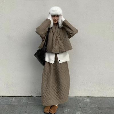 moment冬季法式时髦配围巾菱格棉服外套女+高腰花苞半身长裙套装