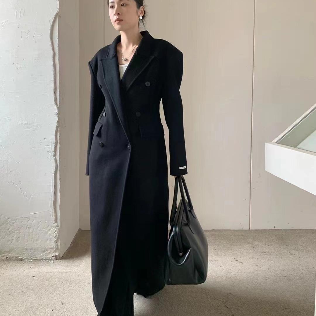 moment冬季韩版chic设计感双排扣呢料长款西装大衣女时髦长款西服