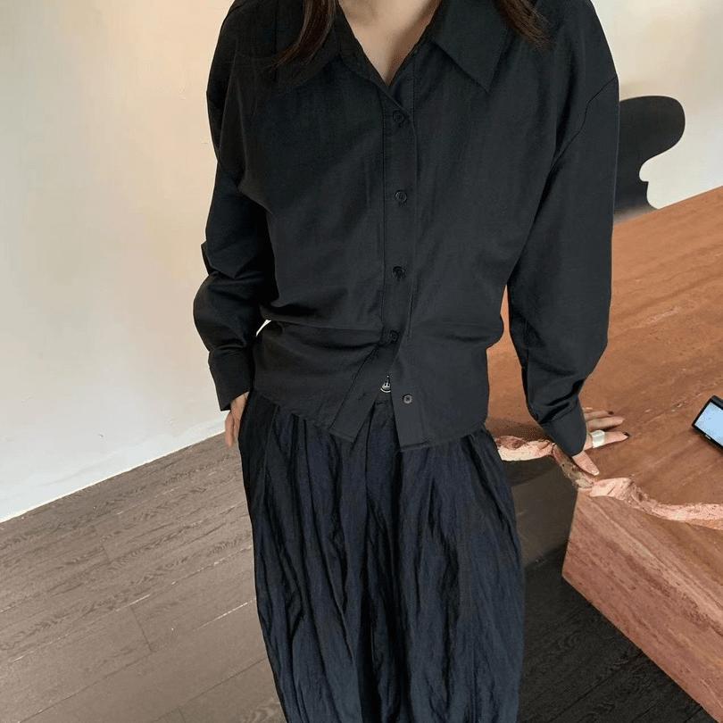 moment早秋韩版chic设计感宽松短款衬衣女简约纯色百搭叠穿衬衫女