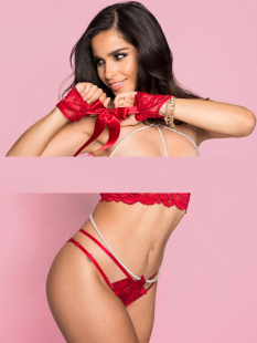 现货新品 进口情人节新款 珠链装饰蕾丝性感露RU 文胸内衣套装