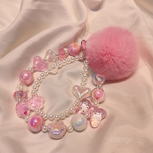 手机挂绳短款手腕链波点蝴蝶结水晶珍珠双链高级感毛球吊坠壳结实