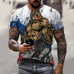 直销跨境新款卡通咆哮大熊3D数码印花短袖男女宽松休闲时尚潮流T