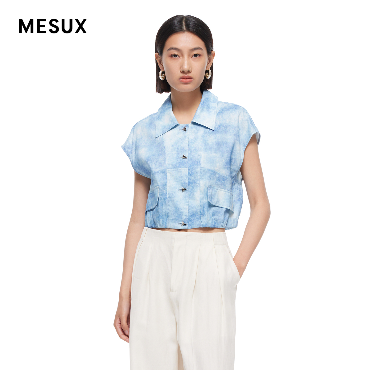 MESUX米岫24夏季新品女装休闲牛仔蓝印花短款衬衫上衣MMMUC202 女装/女士精品 衬衫 原图主图