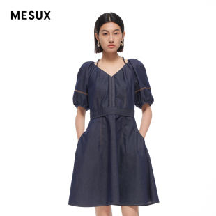 女装 V领灯笼袖 新品 MESUX米岫24夏季 藏青色收腰连衣裙MMMUO402