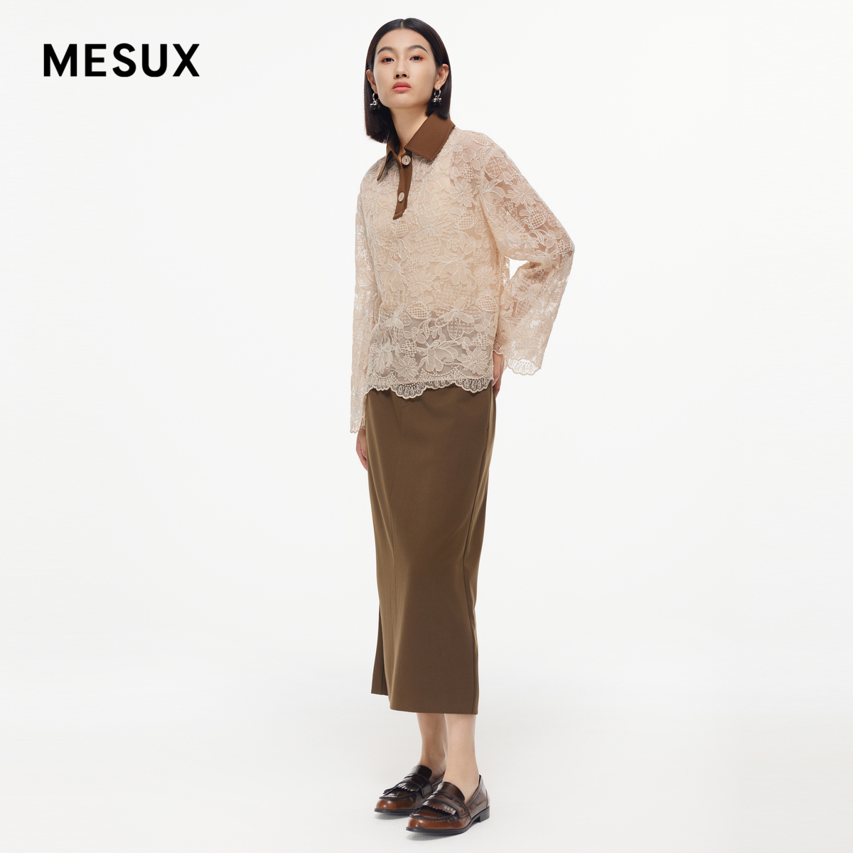 MESUX米岫新品女装翻领蕾丝POLO衫上衣MMFUD504