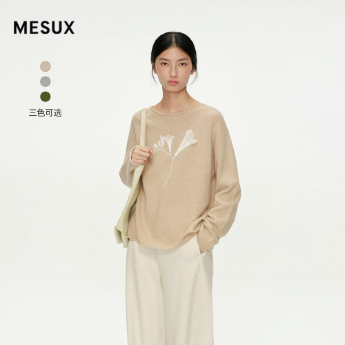 MESUX米岫25冬精纺牦牛绒羊毛混纺重工立体绣花圆领毛衣MNWUE420