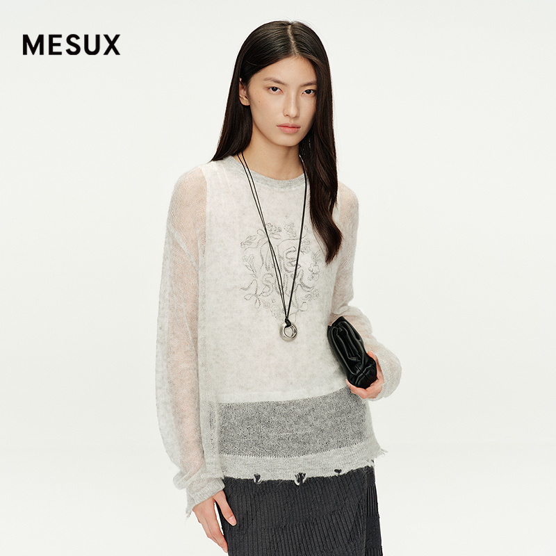 MESUX米岫25秋拼接假两件含马海毛设计印花长袖T恤针织衫MNFUE422