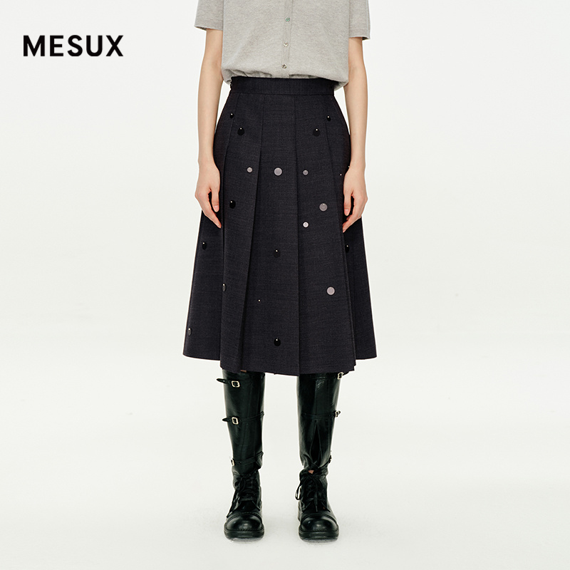 [邢菲同款]MESUX米岫25冬绵羊毛混纺钉珠A字抗皱半身裙MNWUS401