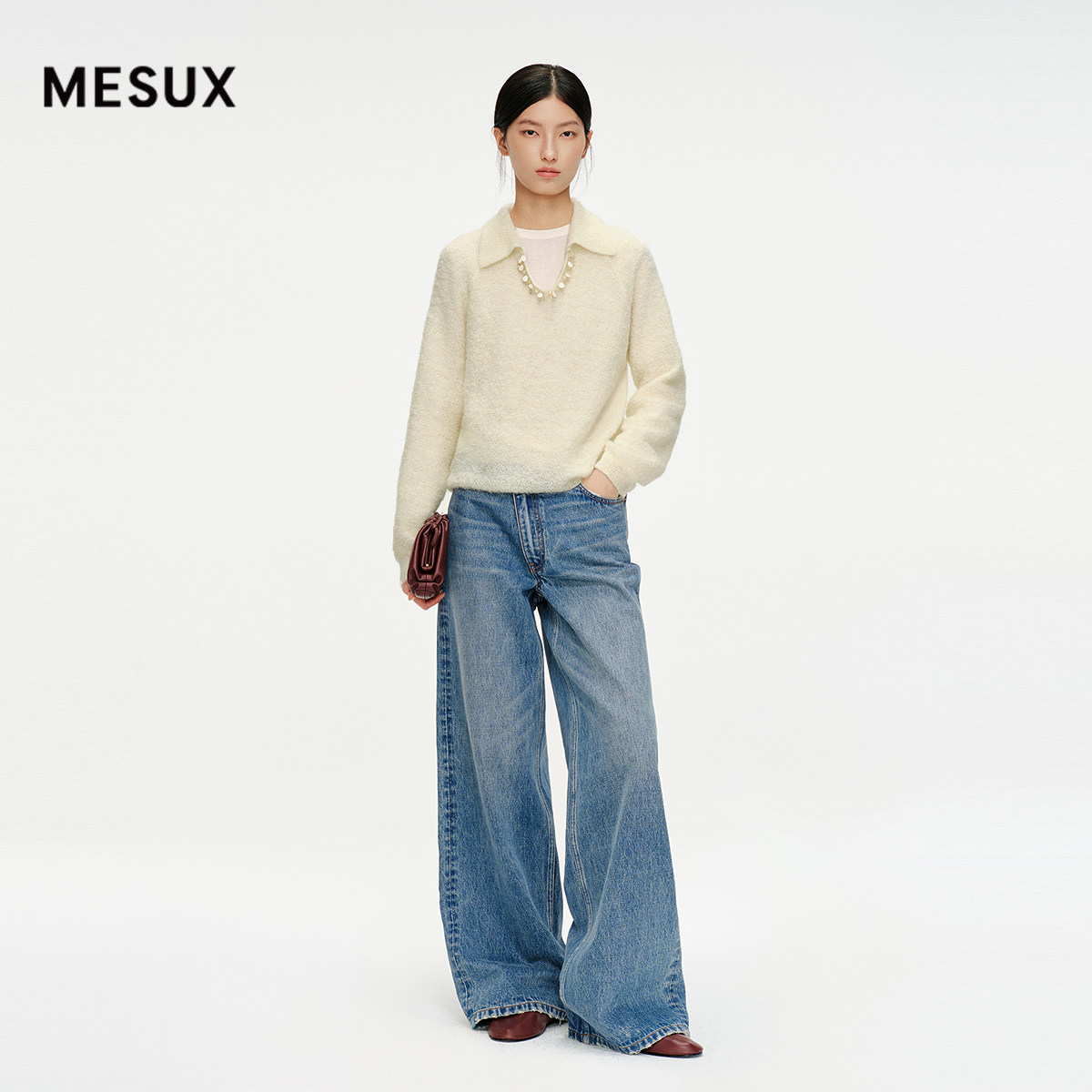 MESUX米岫25冬Baby马海毛X绵羊毛混纺POLO领重工链饰