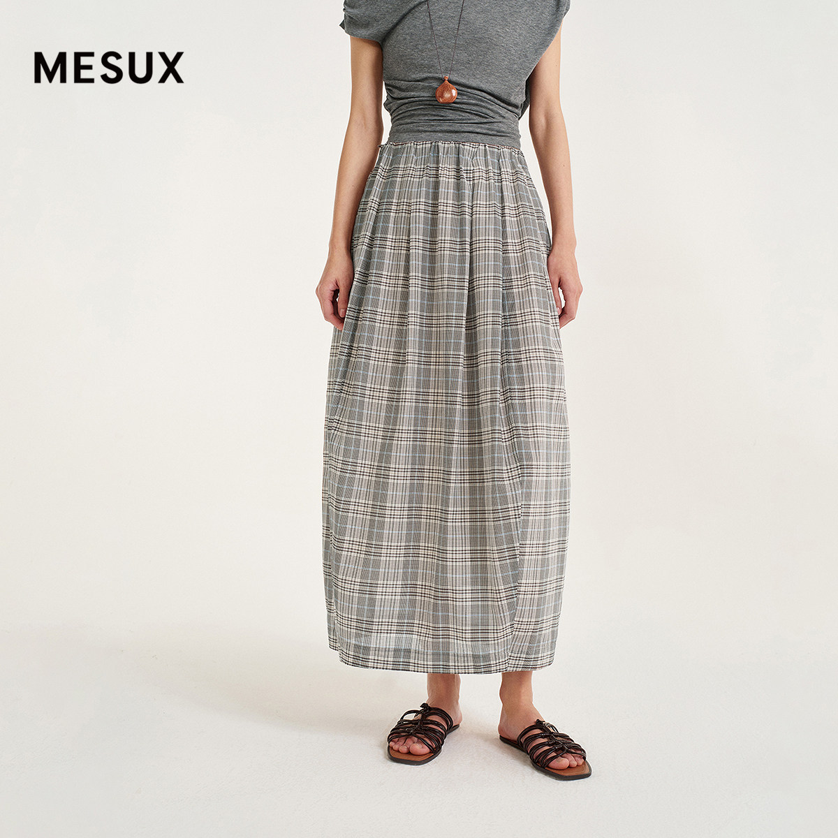 MESUX米岫26夏真丝棉色织绡彩格 橡筋连腰花苞气球半裙MOMUS412