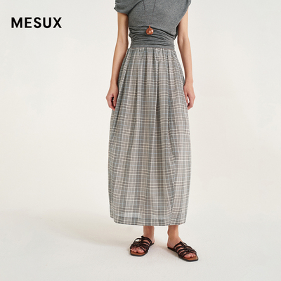MESUX米岫26夏真丝棉色织绡彩格 橡筋连腰花苞气球半裙MOMUS412