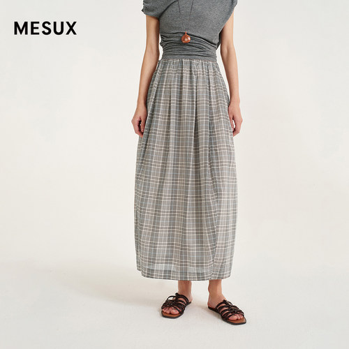 MESUX米岫26夏真丝棉色织绡彩格 橡筋连腰花苞气球半裙MOMUS412