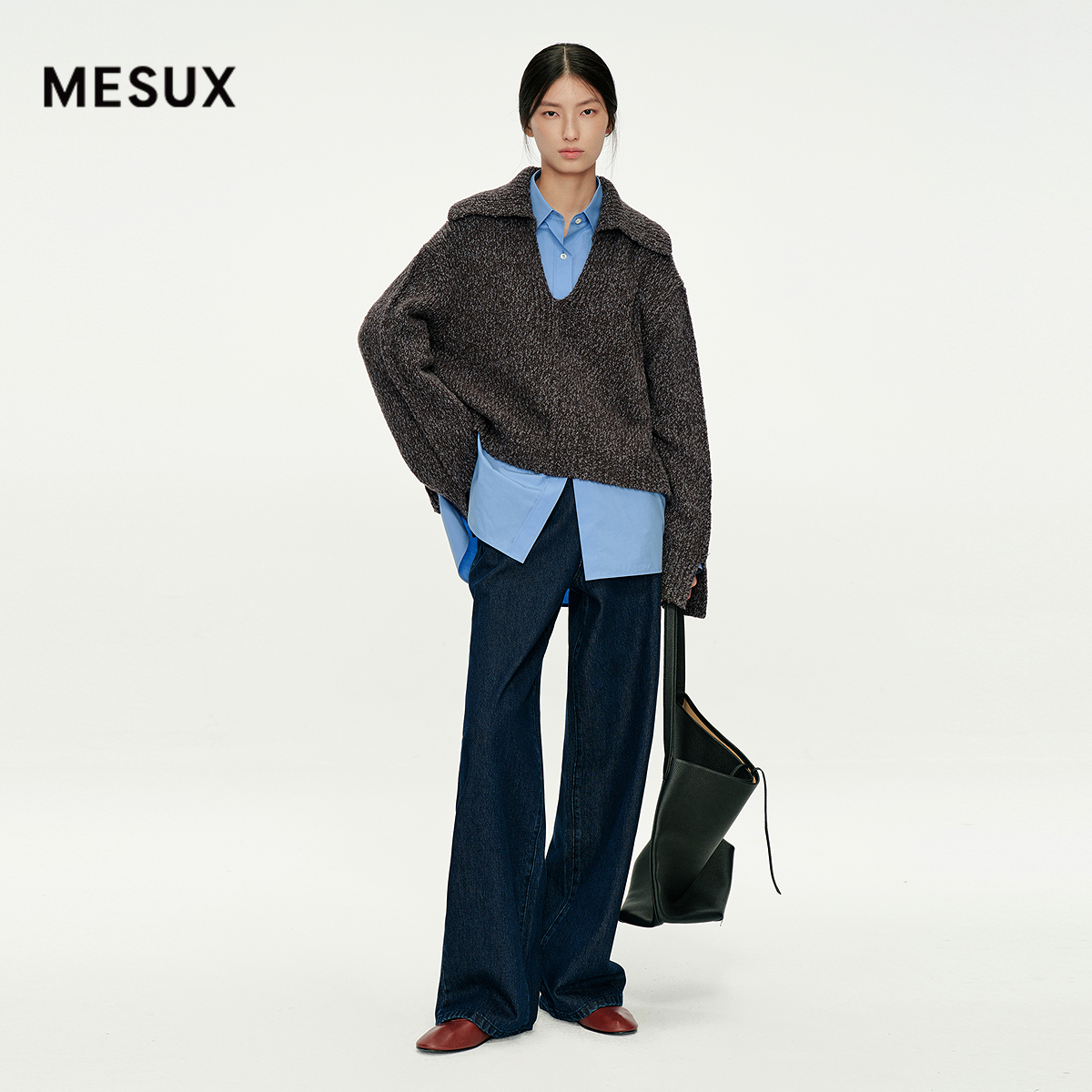 MESUX米岫25冬复古水洗宽松慵懒风阔腿裤牛仔长裤MNWUR408