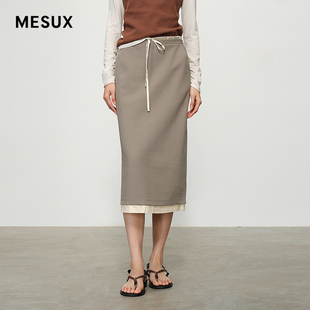 MESUX米岫新品 型弹力假两件半身裙MNSUS405 休闲简约直筒H版