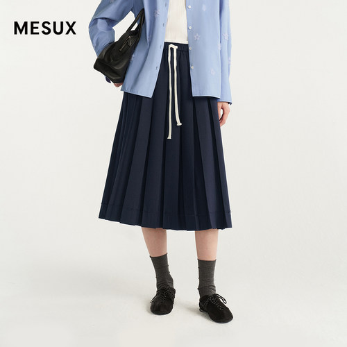 [张月同款]MESUX米岫26秋知识分子风撞色腰头百褶长半裙MOFUS406