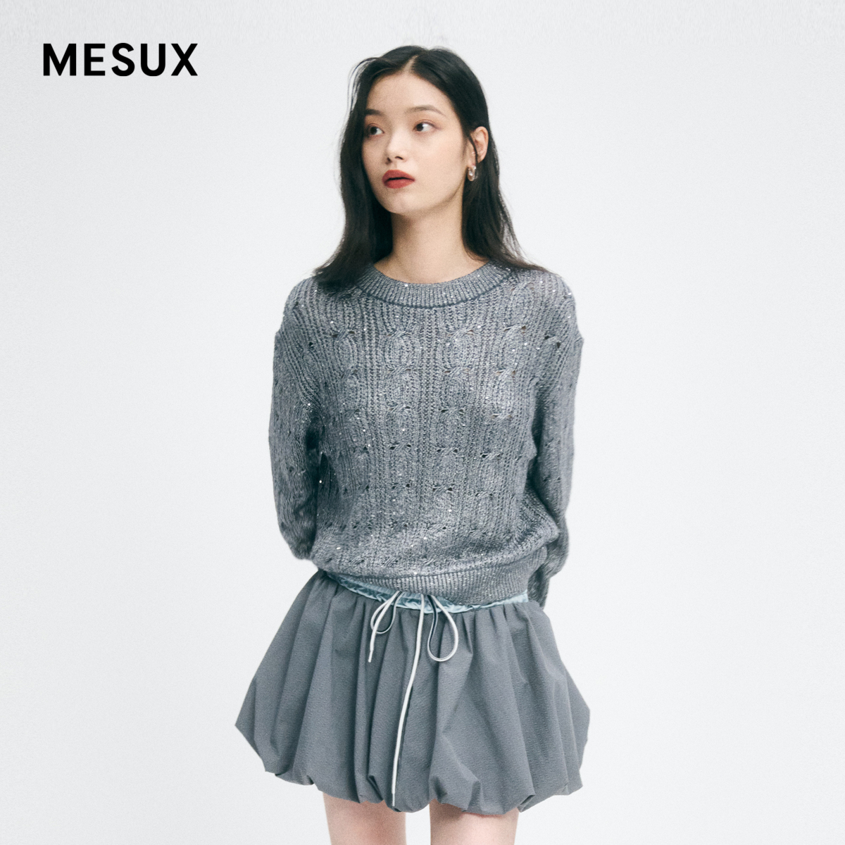 MESUX米岫新品女绵羊毛亮面珠片纱浮雕绞花毛衣MMWUE407