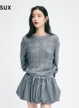 MESUX米岫新品女绵羊毛亮面珠片纱浮雕绞花毛衣MMWUE407