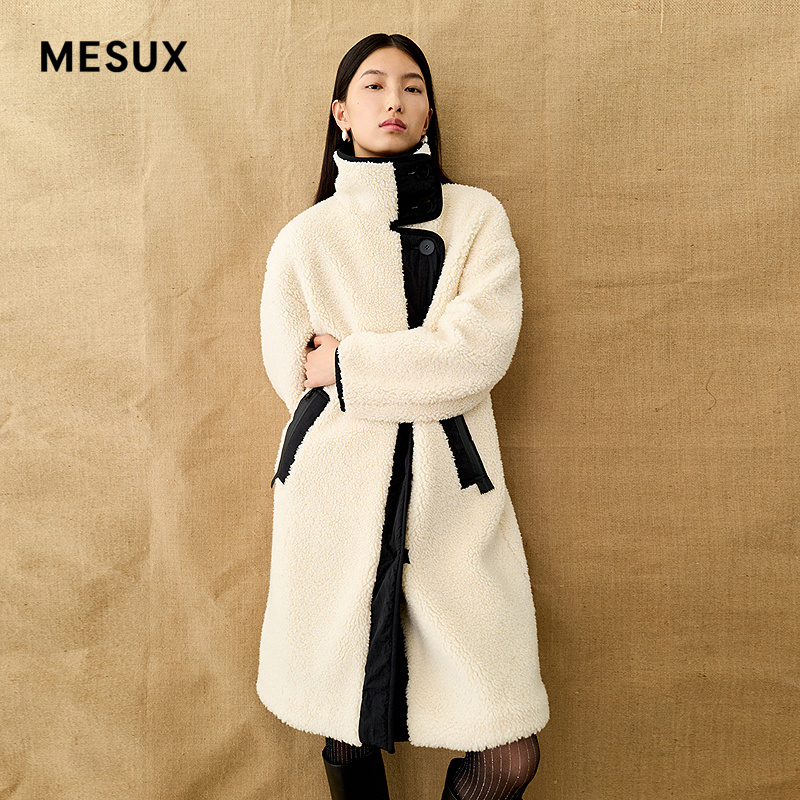 MESUX米岫澳洲美利奴羊毛绒感箱型复古长大衣外套女MMWUI205