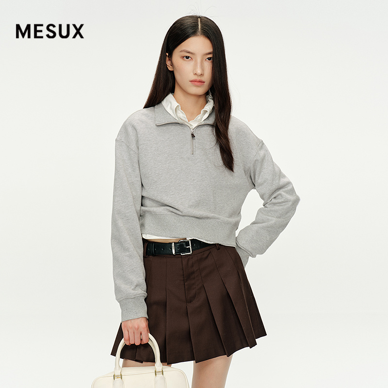 MESUX米岫25秋长绒棉美式复古空气层感上衣灰肌理卫衣MNFUZ301