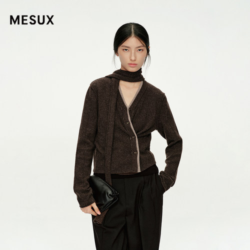 MESUX米岫春2/26NM美丽诺羊毛飘带V领撞色设计毛衣开衫MNWUE506