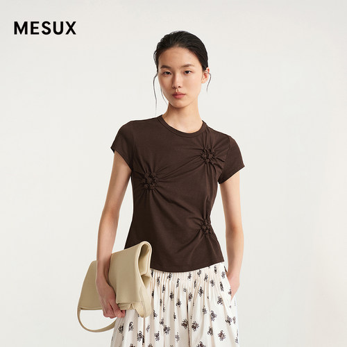 MESUX米岫26夏夹花肌理 艺术立体抽褶花瓣小飞袖收腰T恤MOMUB323
