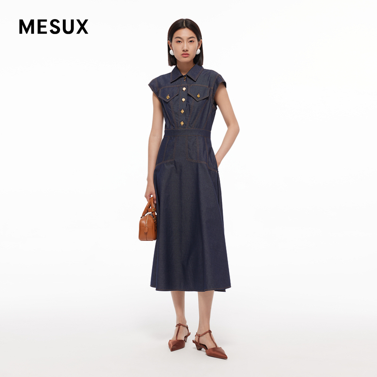 MESUX米岫夏季新品女工装风收腰大伞摆牛仔连衣裙MMMUO413