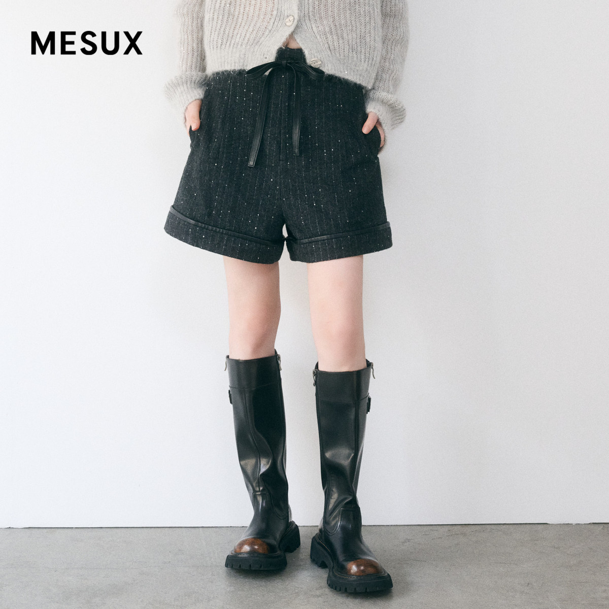 MESUX米岫新品女高腰珠片条纹短裤（含腰带）MMWUQ102