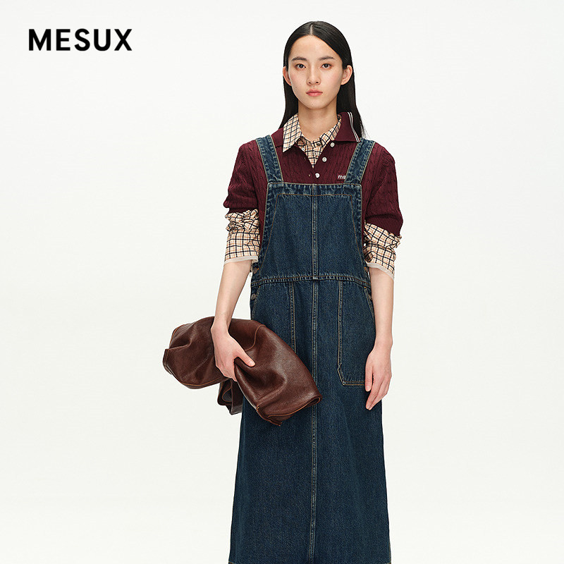 MESUX米岫夏新品全棉水洗复古直筒松弛牛仔背带连衣裙MNMUO317