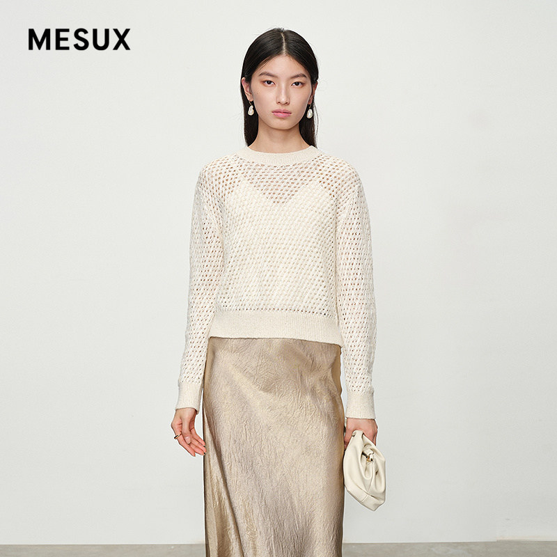 MESUX米岫新品长绒棉绵羊毛混纺圆领套头镂空针织衫MNSUE409