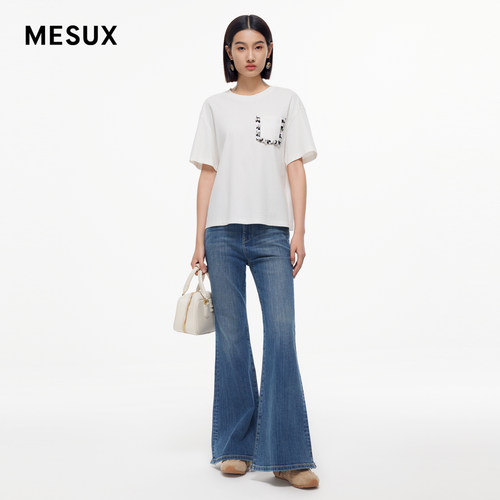 MESUX米岫新品女装立体装饰圆领休闲短袖T恤MMFUB301