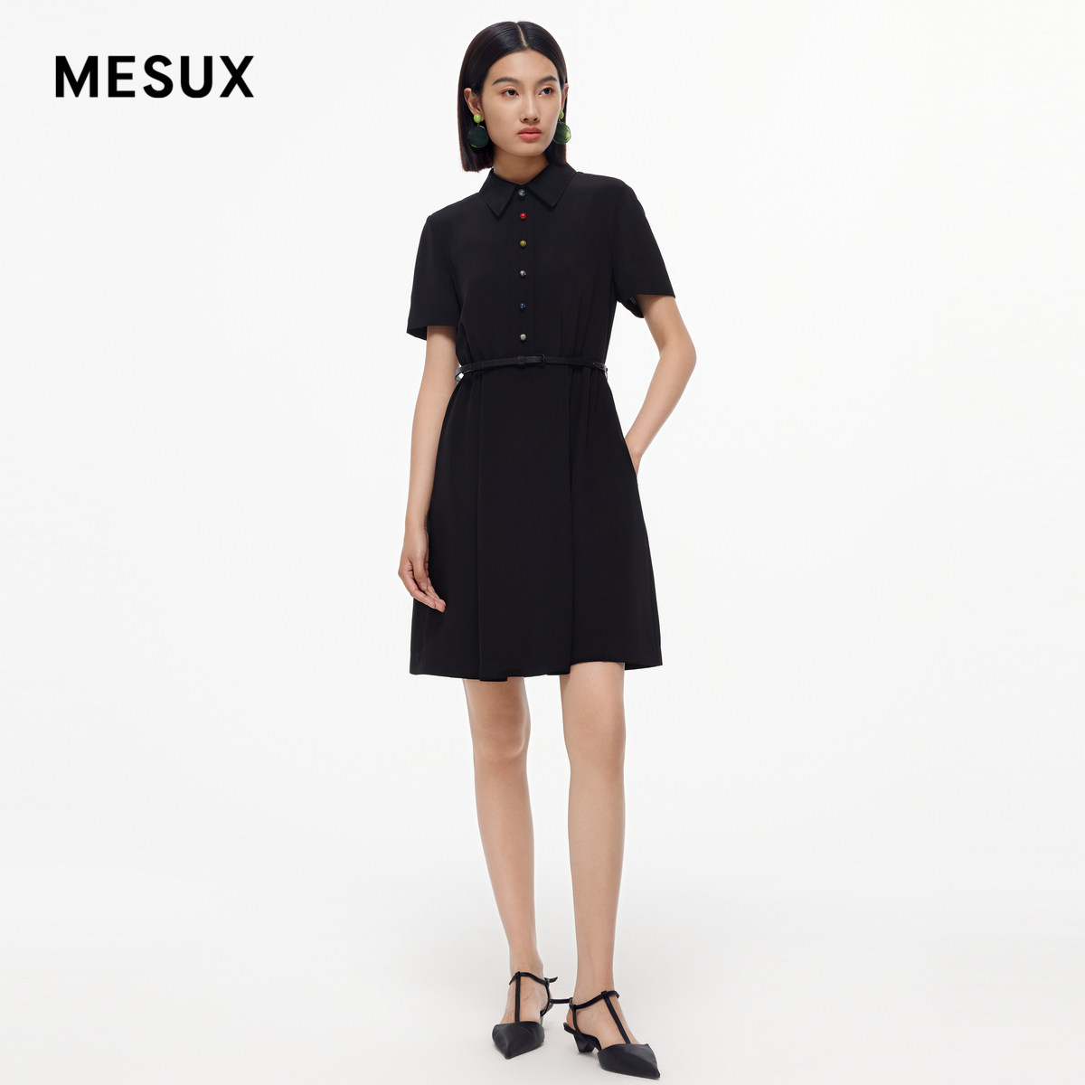MESUX米岫新品女装彩珠小翻领连衣裙（含腰带）MMMUO433