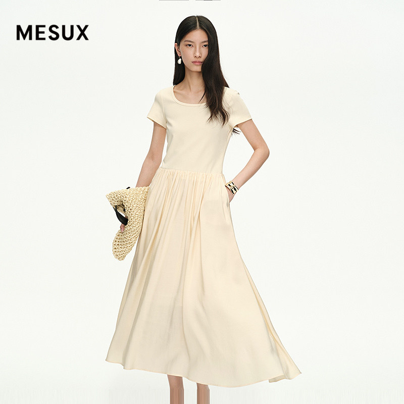 MESUX米岫夏垂坠感拼接芭蕾风通勤短袖连衣裙MNMUO424