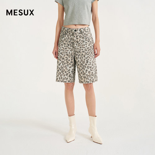 MESUX米岫26夏复古水洗棉牛仔原创豹纹手工毛边短裤MOMUR201
