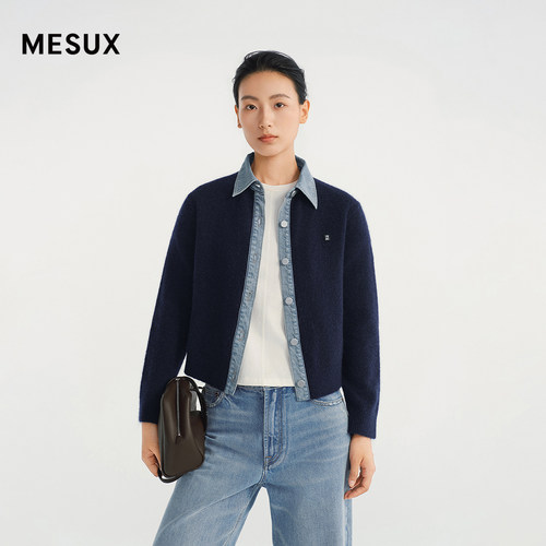 MESUX米岫26冬马海毛混纺牛仔领拼接针织开衫MOWUE516