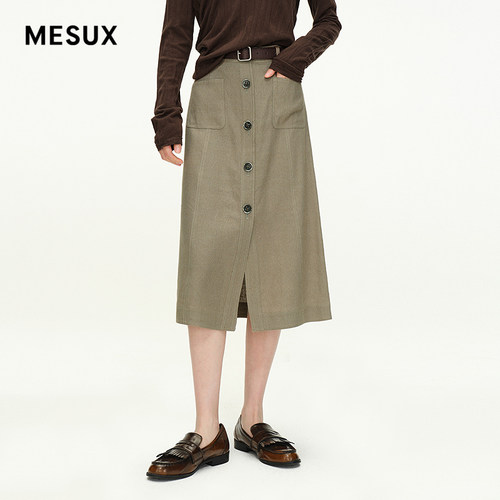 MESUX米岫新品含桑蚕丝A字工装风怀旧中长款半裙MNSUS302