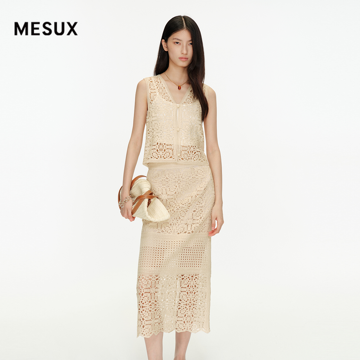 【张淼怡同款】MESUX米岫新品波嬉风镂空蕾丝马甲上衣MNMUK108
