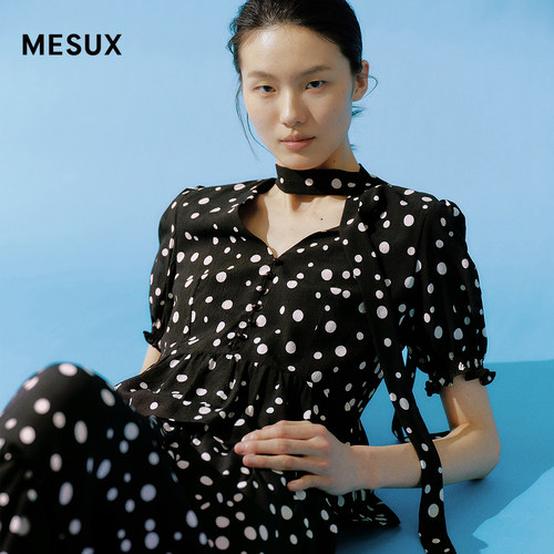 MESUX米岫26夏轻薄双绉VTG波点印花飘带短袖碎褶小上衣MOMUD401