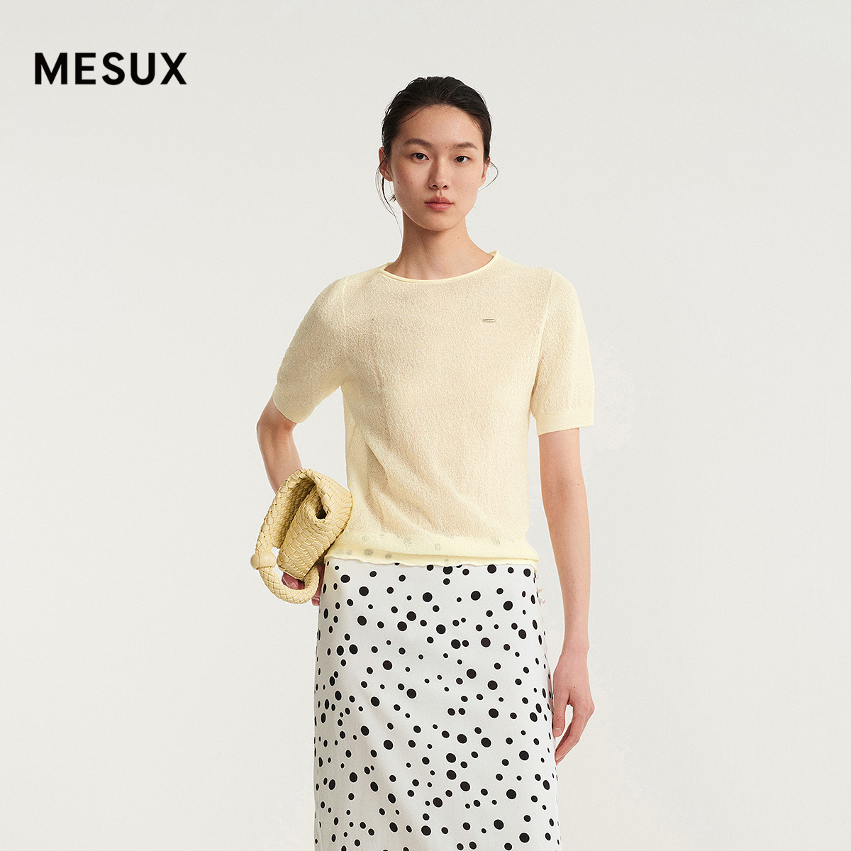 MESUX米岫26夏干爽棉双面提花 朦胧氛围感毛针织短袖MOMUE312