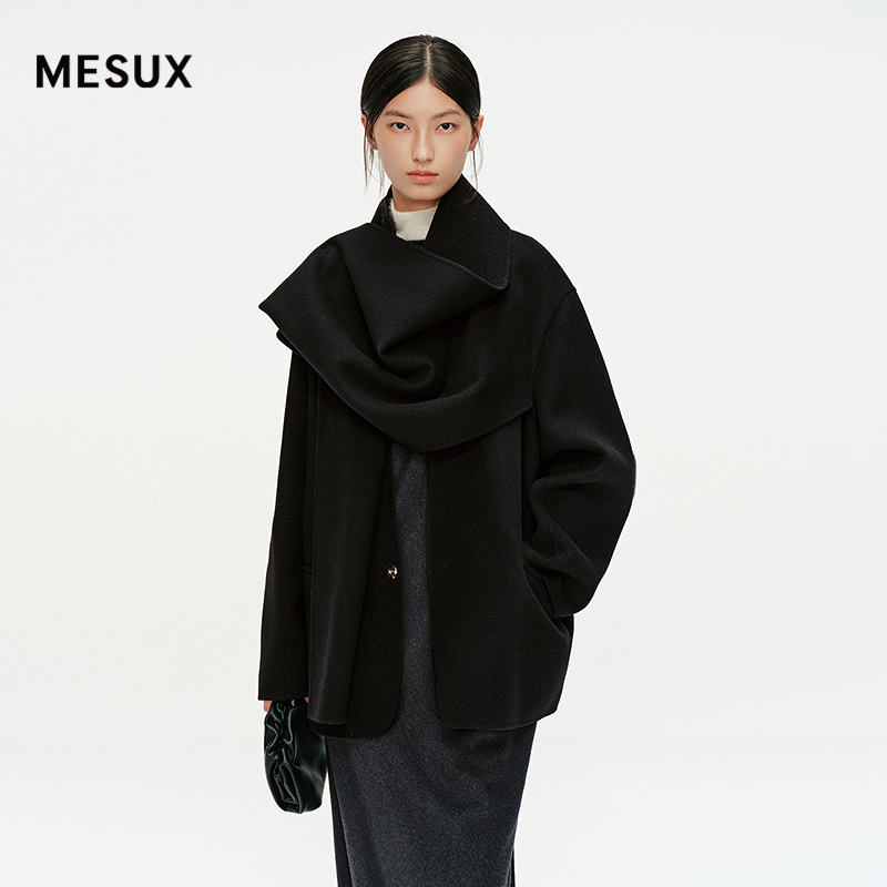 MESUX米岫25冬美丽诺羊毛双面呢直身围巾领中长款呢大衣MNWUI408