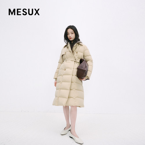 MESUX米岫新品系带双排扣风衣式白鹅绒长款羽绒服MMWUL405