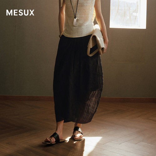 MESUX米岫26夏丝棉隐格面料撞色橡筋腰头斜裁茧型半裙MOMUS409