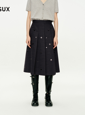 [邢菲同款]MESUX米岫25冬绵羊毛混纺钉珠A字抗皱半身裙MNWUS401