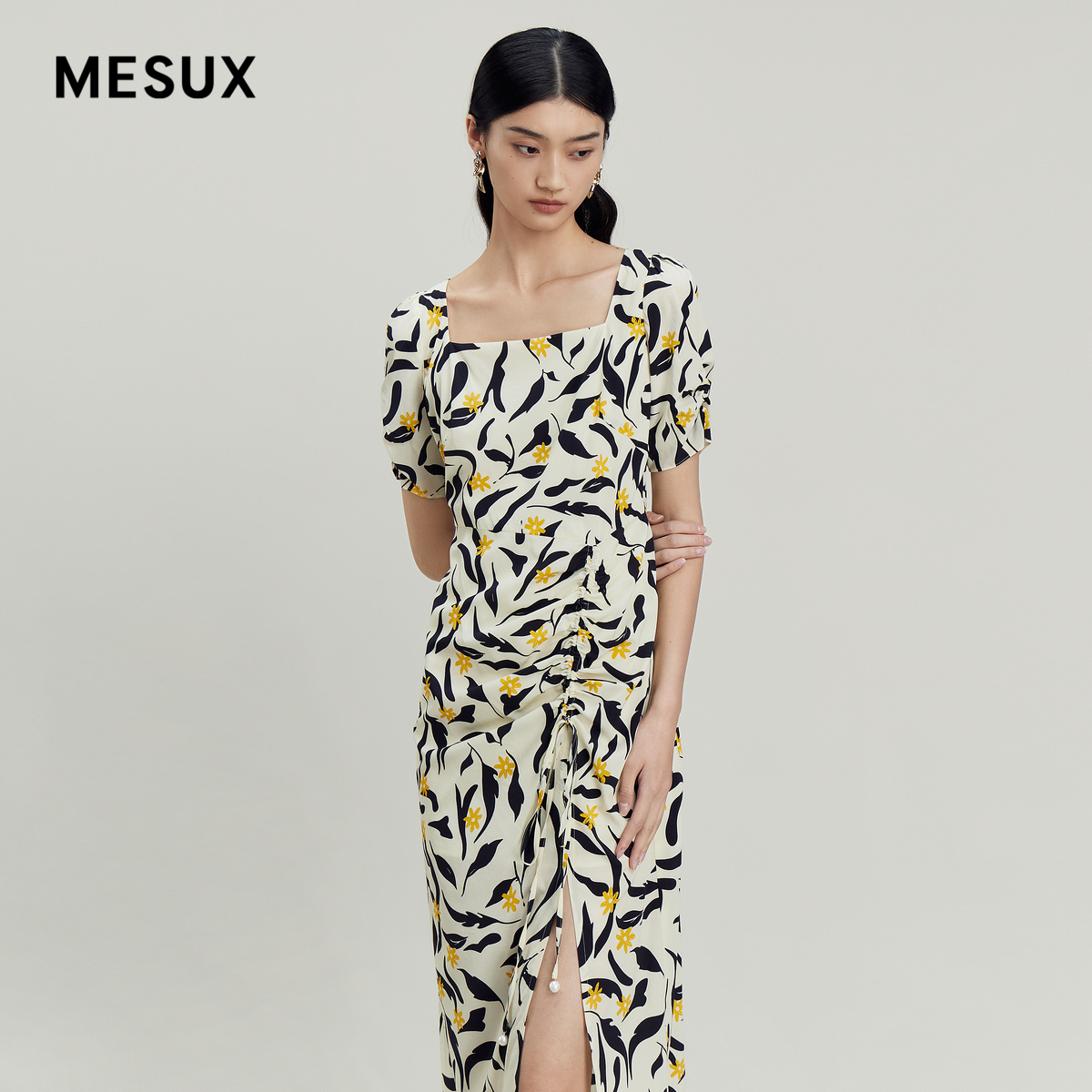 MESUX米岫夏季女装复古收身花卉印花方领连衣裙女MLMUO443