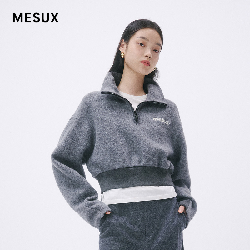 MESUX米岫新品绵羊毛拉链宽松灰卫衣式暖感短卫衣女MMWUZ306